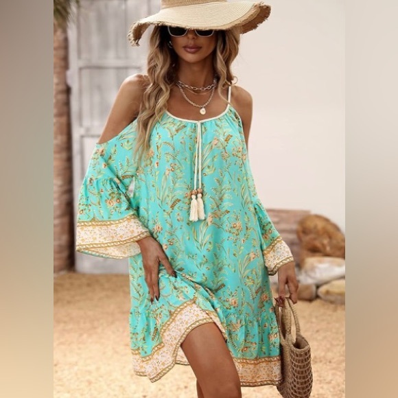 NEW! Boho Chic, Cold shoulder, floral print, mini dress / tunic - Picture 4 of 6